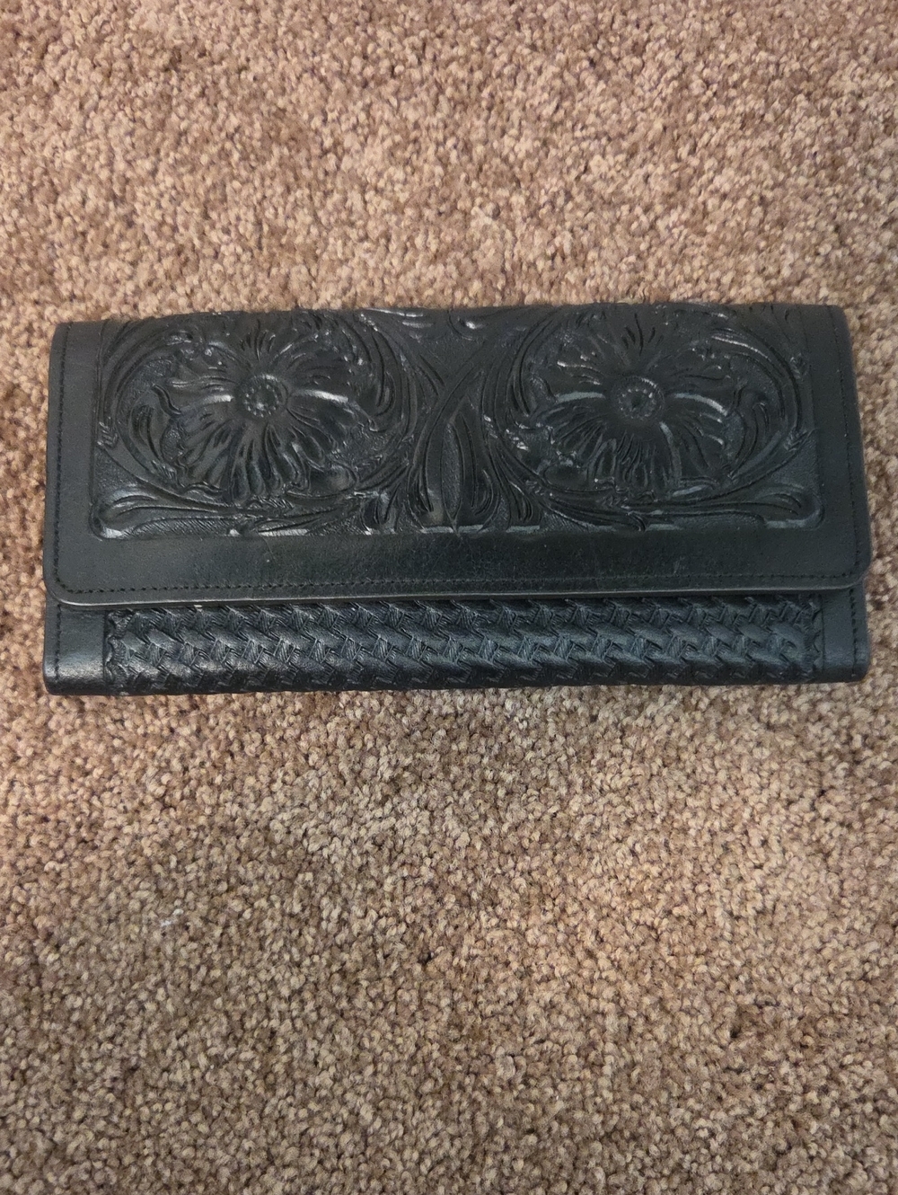 Black Floral Tooled Long Wallet - Women Accessories